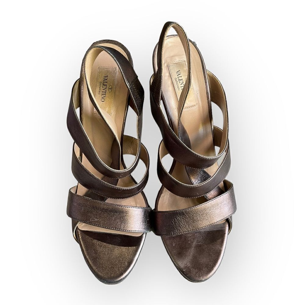 AUTH Valentino Garavani Bronze Metallic Strappy High Heel Slingback Shoes 41